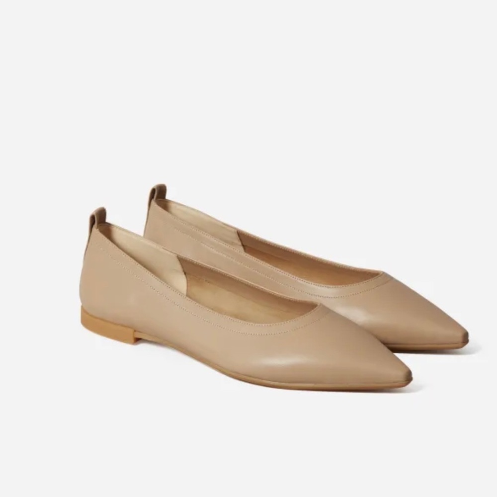 Pointed Toe Leather Ballet Flats in Beige